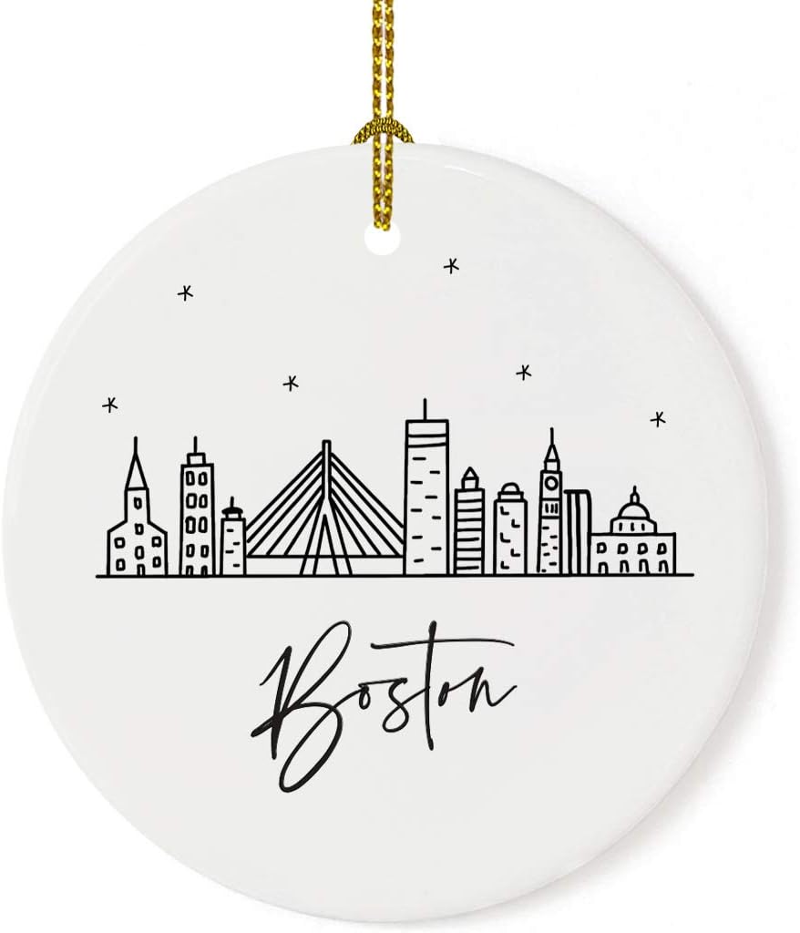Andaz Press Round Ceramic Porcelain Christmas Tree Ornament Keepsake, Boston Black and White Stars City Skyline Graphic, 1-Pack, Birthday Gift Idea for Family, Coworker, Him, Her, Includes Gift Box