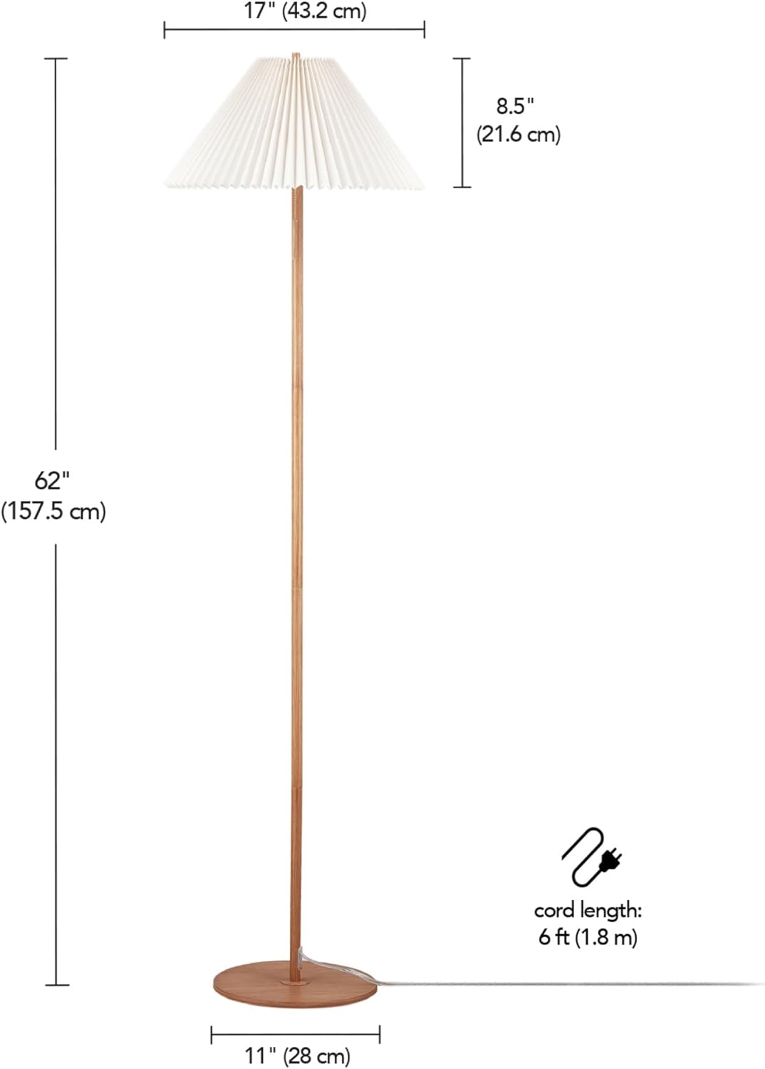 GLOBE Electric 61000053 62" Floor Lamp, Wood-Toned Finish, Pleated Fabric Shade, Pull Chain Switch, Reading Light, E26 Base, Modern Classic Lighting for Living Rooms and Bedrooms