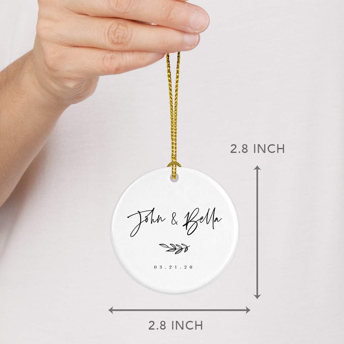 Andaz Press Personalized Round Ceramic Porcelain Christmas Tree Ornament Engagement Keepsake Collectible Gift, John & Olivia 03.21.20, Antique Handdrawn, 1-Pack