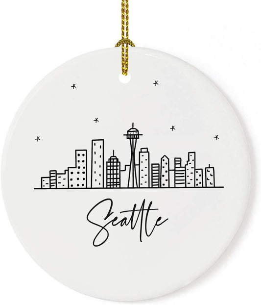 Andaz Press Round Ceramic Porcelain Christmas Tree Ornament Keepsake, Seattle Black and White Stars City Skyline Graphic, 1-Pack, Birthday Gift Ideas Family Coworker Him Her, Includes Gift Box