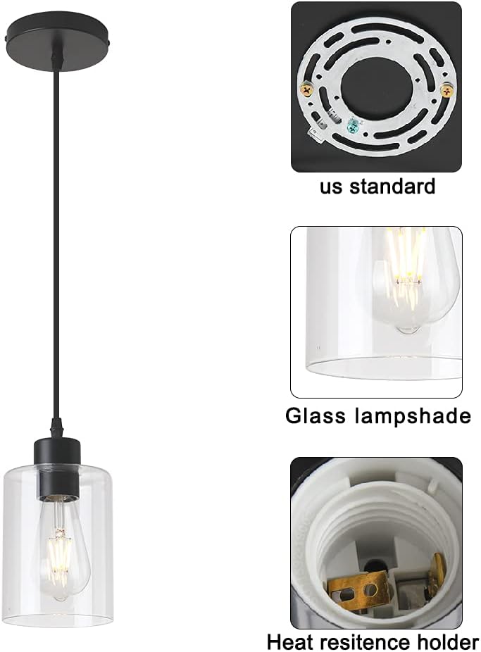 Modern Black Farmhouse Clear Glass Cylinder Pendant Light Fixture,Island Lights for Kitchen,Mini Pendant Lighting for Kitchen Island Decor - 4.75 Inch Shade, 2-58 Inch Cord(1 Pack)