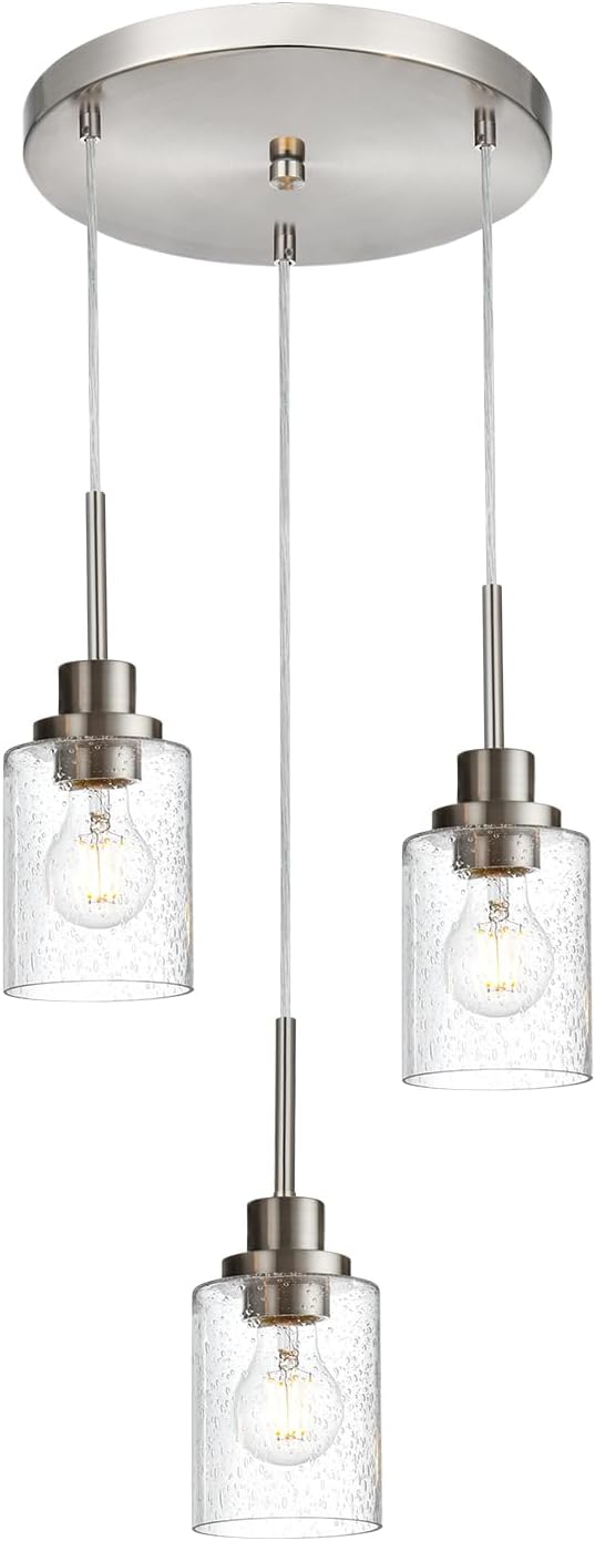3-Light Contemporary Pendant Lighting with Clear Seeded Glass,Brushed Nickel Dining Room Chandelier Light Fixture Modern Kitchen Island Cluster Hanging Ceiling Pendant Lights for Sink Bar
