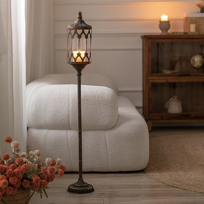 Vintage Floor Candelabra - 37.1" Tall Antique Gold Candle Holder with Glass Lantern, Rustic Gothic Metal Pillar Stand for Home Decor, Wedding & Event Centerpiece