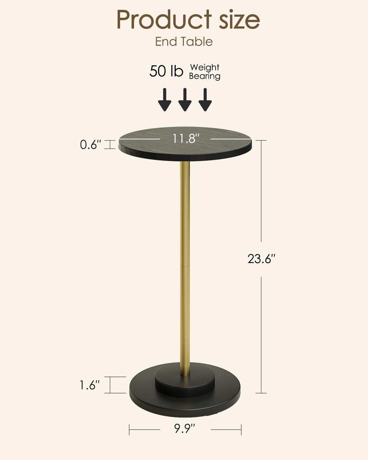 Masupu Drink Table, Round Side Table for Small Spaces, Pedestal Side Table, Small End Table with Metal Base, for Living Room, Bedroom, Bathroom, Black Gold