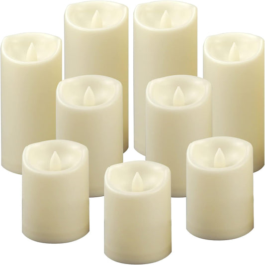 CANDLE CHOICE Waterproof Outdoor Battery Operated Flameless Pillar Candles with Timer White Plastic Realistic Flickering Electric LED Lights for Lantern Garden Wedding Christmas Decorations 9 Pack