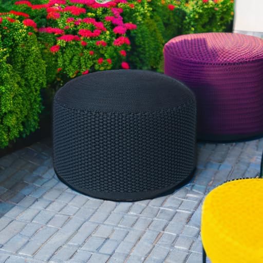 BIRDROCK HOME Outdoor Pouf Ottoman | Hand Woven Waterproof Foot Stool with Bead Bag Filling | Boho Foot Rest for Patio, Living Room, Porch & Outdoor Seating | Lightweight, Soft Stuffed Chair | Navy