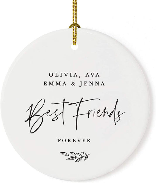 Andaz Press Personalized Best Friends Round Ceramic Porcelain Christmas Tree Ornament Keepsake Collectible Gift, Olivia, Ava, Emma & Jenna, Best Friends Forever 2025, Antique Handdrawn, 1-Pack