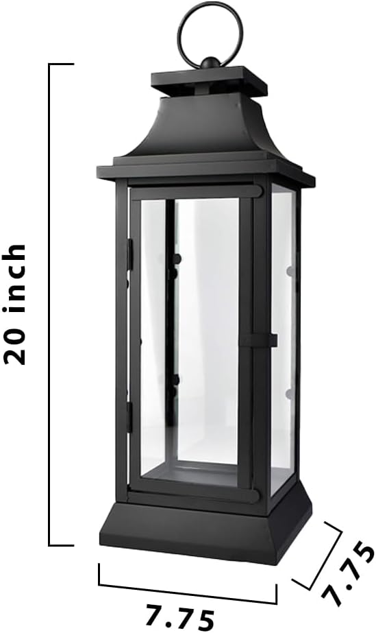 Serene Spaces Living Black Metal Hurricane Lantern with Clear Glass Panels – Hanging or Tabletop Decorative Lantern for Indoor & Outdoor – Weddings, Parties, Home Decor, 20" Tall & 7.75" Square