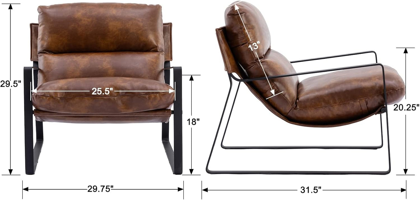 DUOMAY Mid-Century Accent Chair Armchair Set of 2, Comfy PU Leather Leisure Chair Lazy Chair with Metal Leg for Living Room Bedroom Office Apartment, Brown