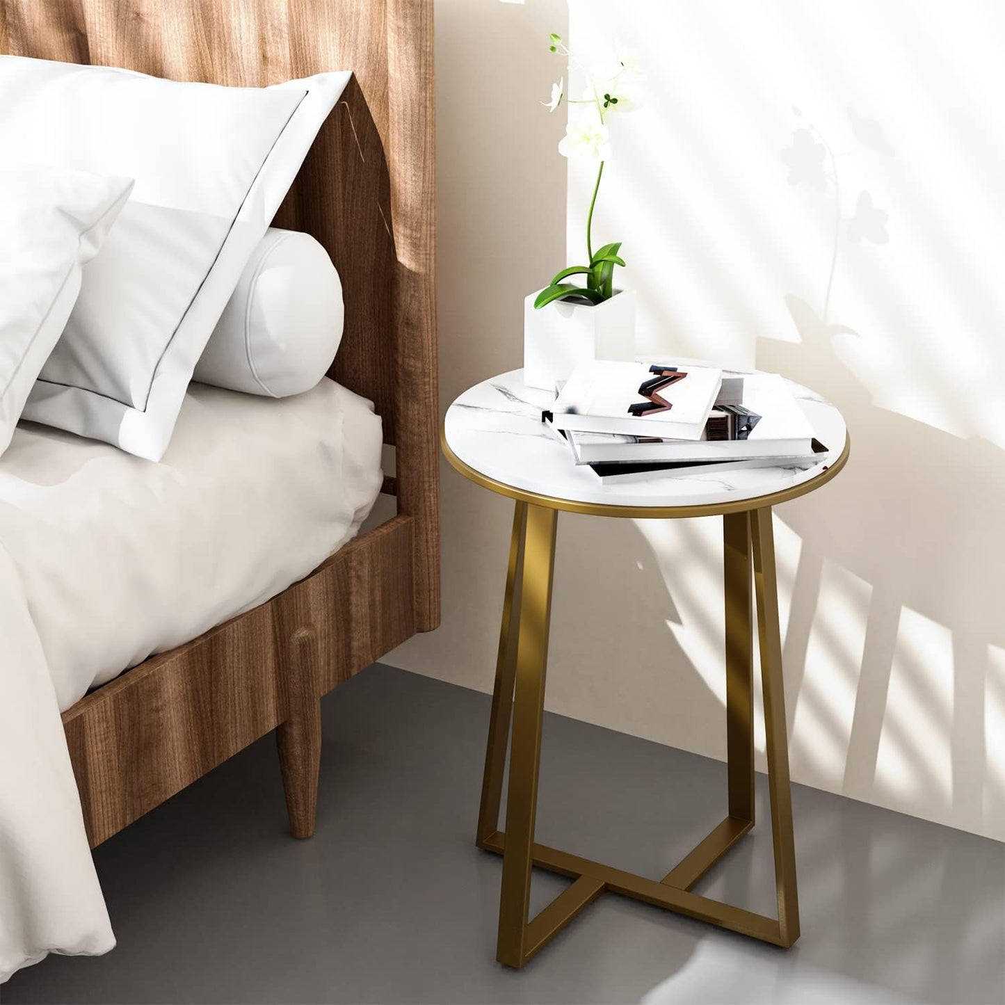 Round End Tables, Small Side Table White Marble Texture MDF Top,Metal Frame Gold Color, Tall End Table for Bed Room,Coffee Tea End Table for Living Room (White Marble+Gold)