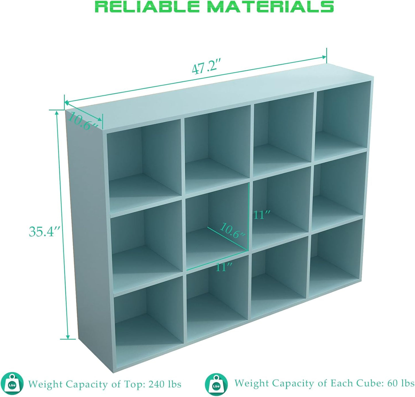 12-Cube Storage Shelf Bookcase - Wooden 3-Tier Floor Standing Open Bookshelf for Home and Office, Display Cabinet, Light Blue