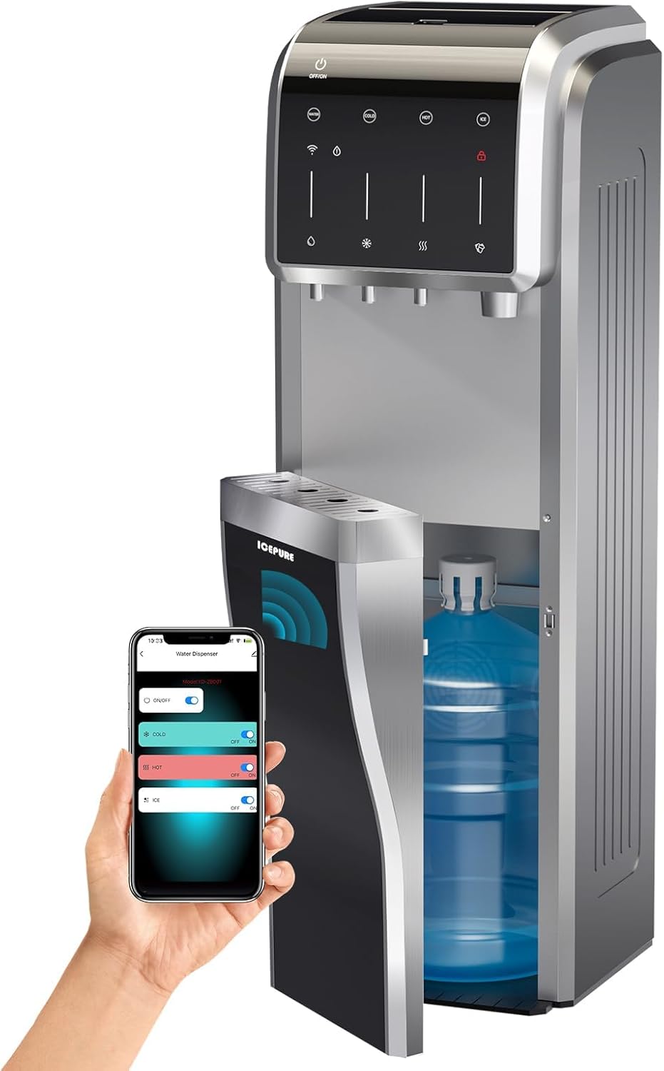ICEPURE Multi-Function WiFi Water Cooler with Bullet and Crushed/Chewable Ice Maker, 5 Gallon Bottle Bottom Loading, Hot Cold Water Dispenser Built-in Ice Machine Combo, 35lbs/24H, Stainless Steel