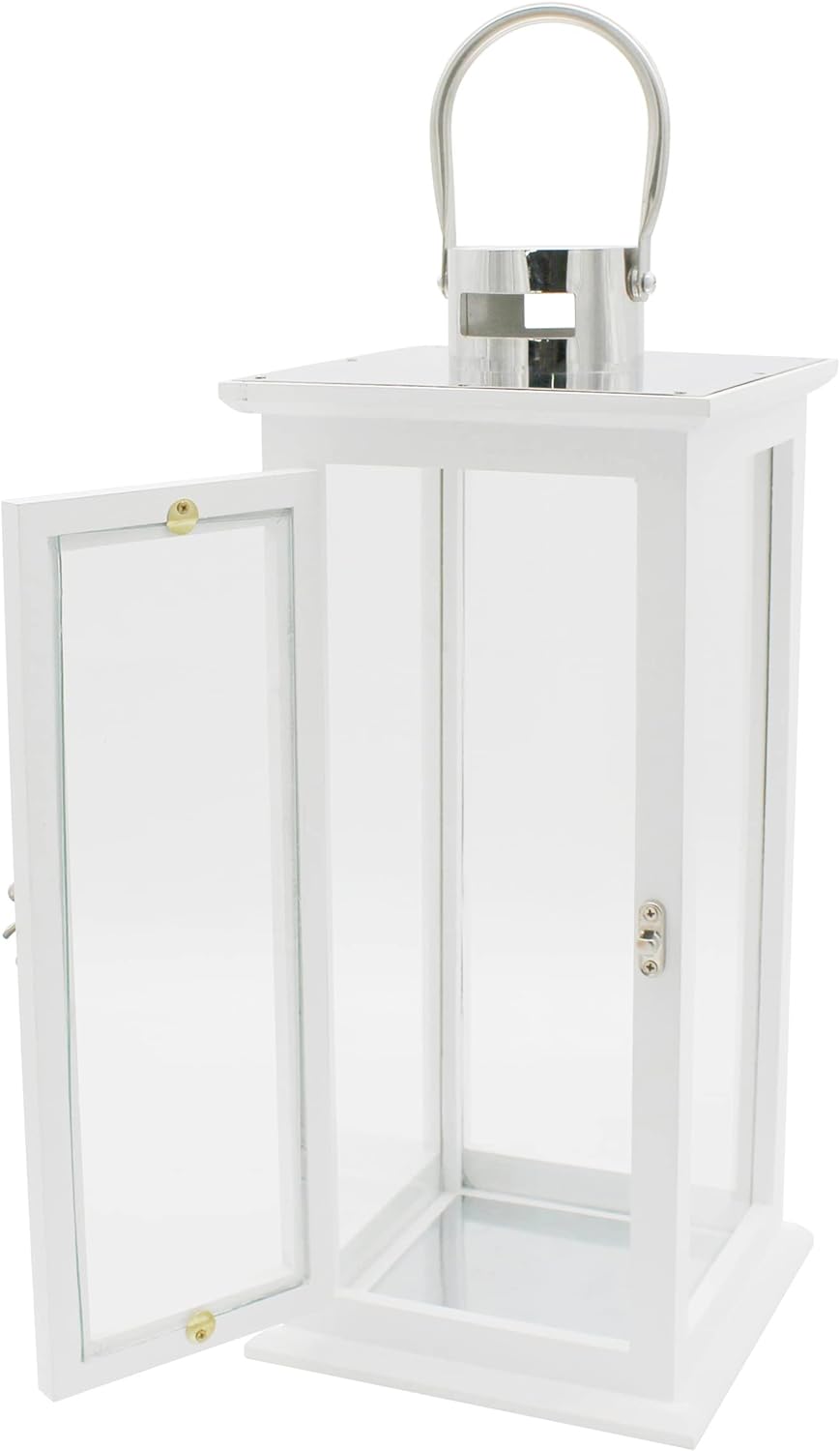 CVHOMEDECO. Decorative Elegant Wood Hurricane Candle Lantern with Stainless Top and Glass Inserts for Home Patio Outdoor Decor. White, Set of 2