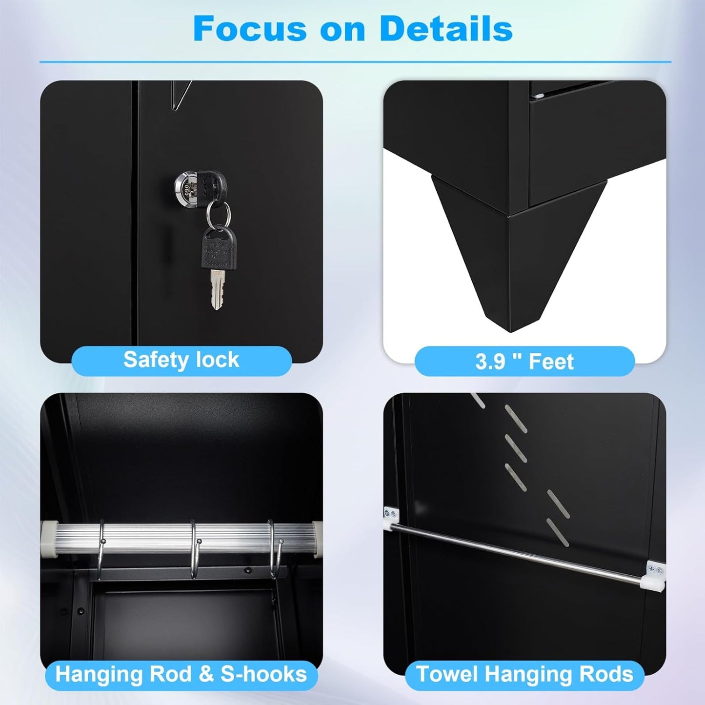 75" Metal Storage Cabinet, Tool Cabinets with Hooks, Garage Storage Cabinet with Lock, Heavy-Duty Tool Cabinet for Utility Room, Gym, Basement, Broom Closet Cabinet, Black