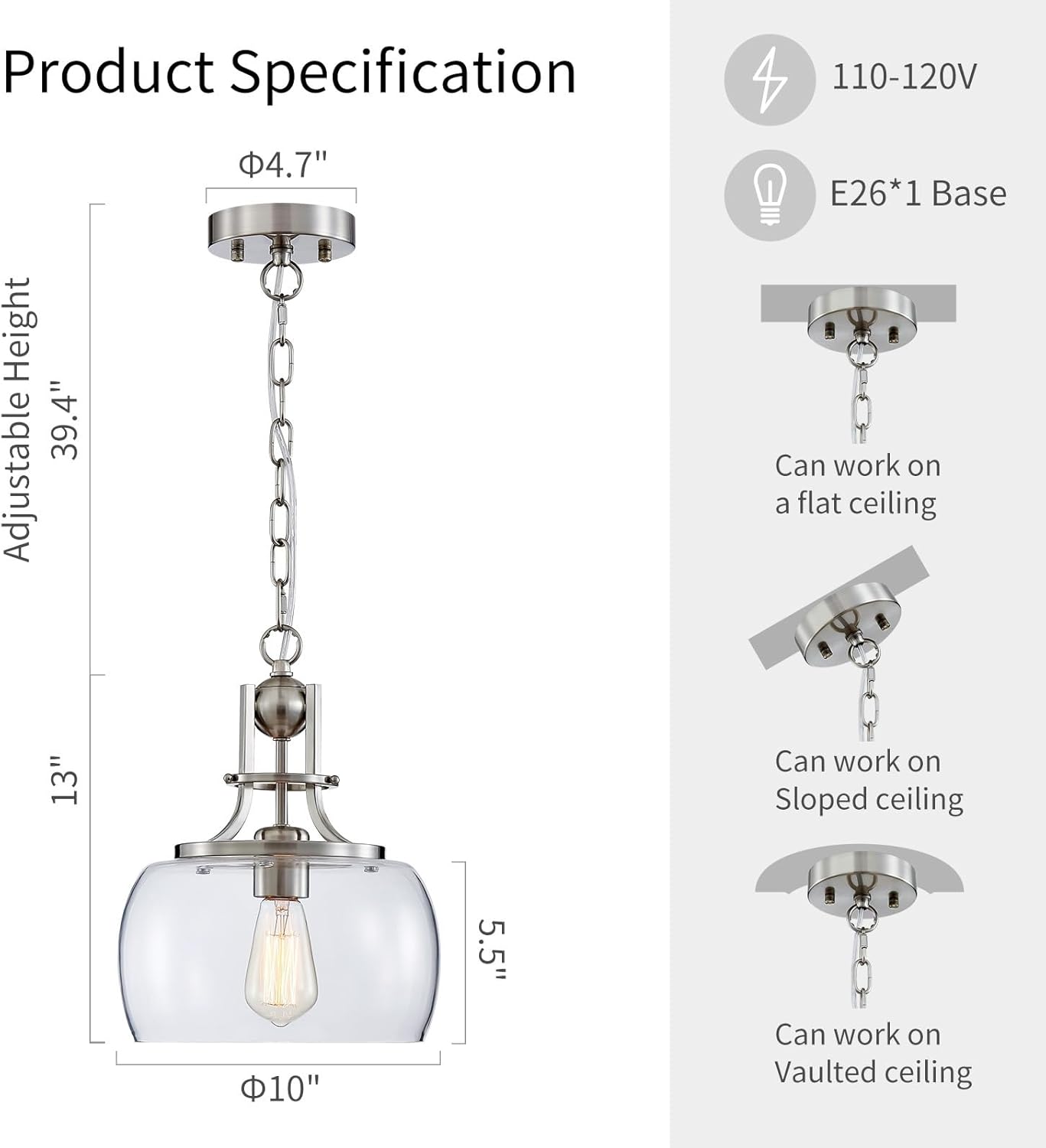 WUZUPS Chandelier Rustic Farmhouse Industrial Round Ceiling Pendant LED Light Fixture with Clear Glass Shades for Dining Room Kitchen Island Foyer Entryway, H 13" x W 10", E26 Base, Brushed Nickel