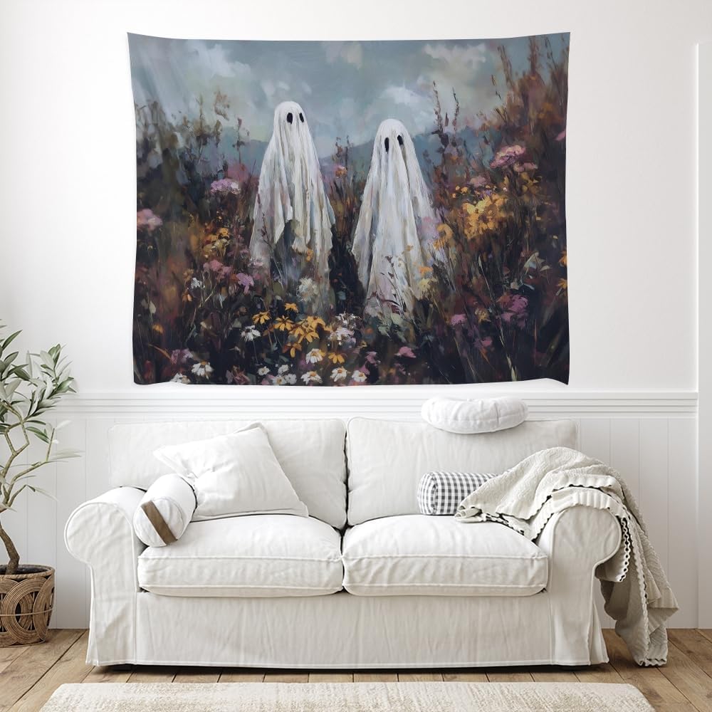 Halloween Ghosts in Wildflowers Tapestry Wall Hanging Spooky Cute Ghost Floral Tapestries Victoria Moody Artwork Aesthetic Print for Goth Living Room Bedroom wall Decor 40x60inch