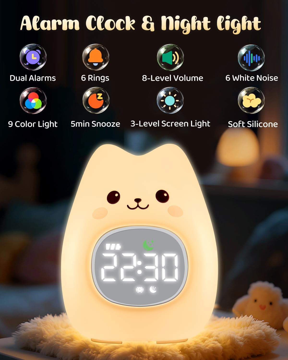 Cat Alarm Clock for Kids with Night Light, Sleep Training Clock Time to Wake Clock, Rechargeable Silicone Light for Bedroom, Perfect Sleep Companion for Boys Girls