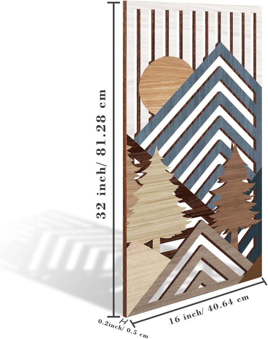 IARTTOP Abstract Mountain Wood Wall Art Large geometric Forest Pine Trees Wooden Wall Decor Boho Sun Nature Landscape Wall Decor for Bedroom Living Room Office-16 x32 Inch Set of 3