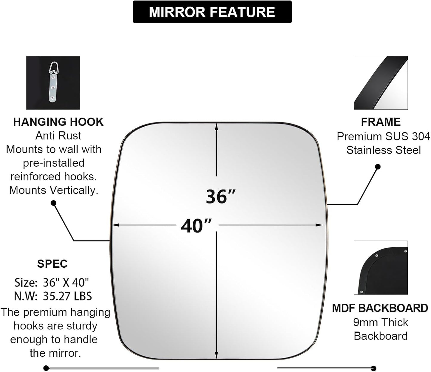 ANDY STAR Bronze Oblong Mirror, 36x40 Inch Brushed Bronze Oval Mirror for Bathroom with Stainless Steel Metal Frame, Wall Mouned for Bathroom, Living Room, Entryway