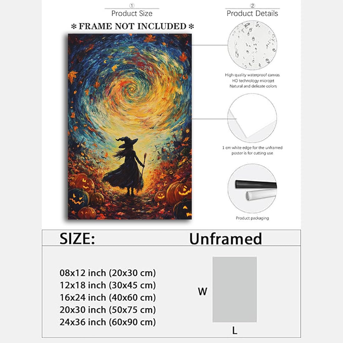 Halloween Autumn Witchy Decor Wall Art Prints,Gothic Witch in Whirlwind Autumn with Pumpkins Scene Pictures Poster,Fall Festival Home Decor Painting Canvas Poster for Bedroom Bathroom,24"x36" Unframed