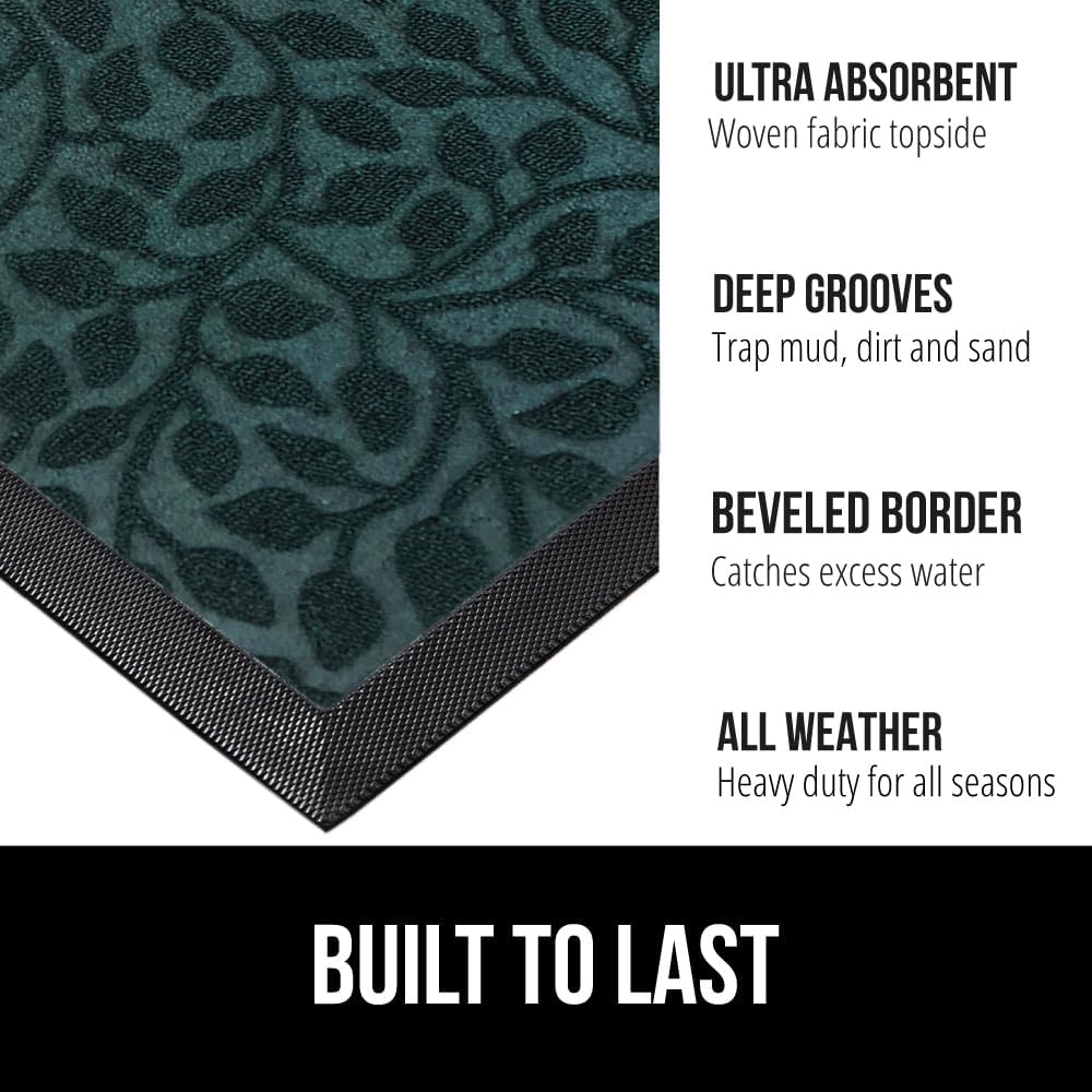 GORILLA GRIP 100% Waterproof All-Season WeatherMax Doormat, US Designed Natural Rubber, Stain and Fade Resistant, Low Profile Indoor Outdoor Door Mats, Easy Clean Patio Mat, 17x29, Moss Vine Leaves