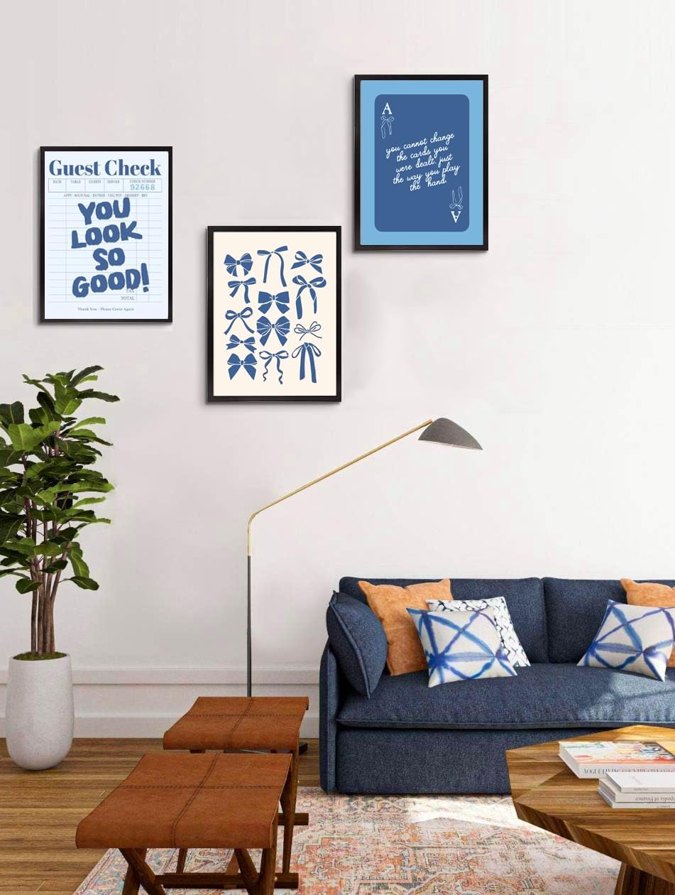 Blue Preppy Wall Art Set of 3 Trendy Navy Bow Posters Retro Guest Check Canvas Prints Poker Painting Minimalist Positive Quote Picture Decor Aesthetic for Living Room Dorm Apartment 16x24in Unframed