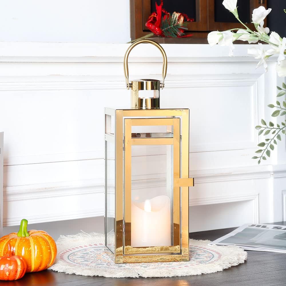 TRIROCKS Stainless Steel Decorative Lantern 12'' High Metal Candle Holder Outdoor Candle Lantern with Tempered Panels for Christmas Home Decor Living Room Parties Events Tabletop Indoor Outdoor (Gold)