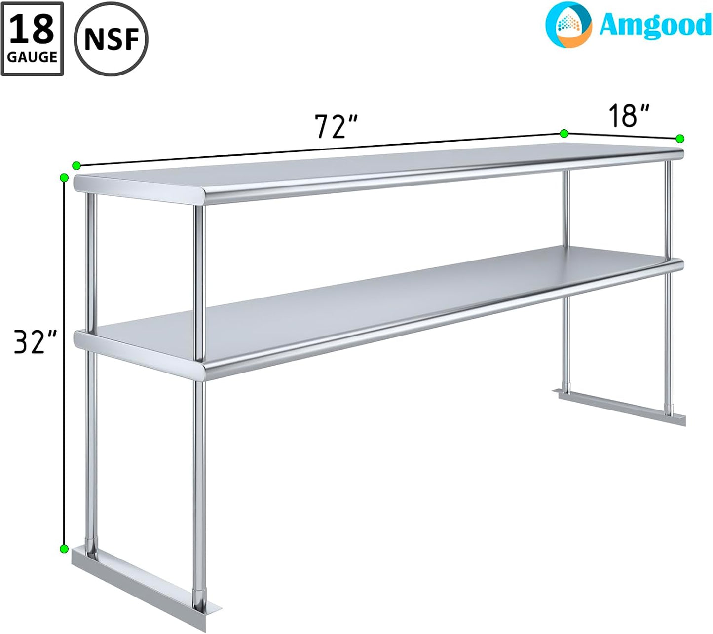 AmGood Stainless Steel Double-Tier Shelf | Work Table Overshelf | NSF Certified | Fits Over Tables | Many (72 in. Long x 18 in. Deep)