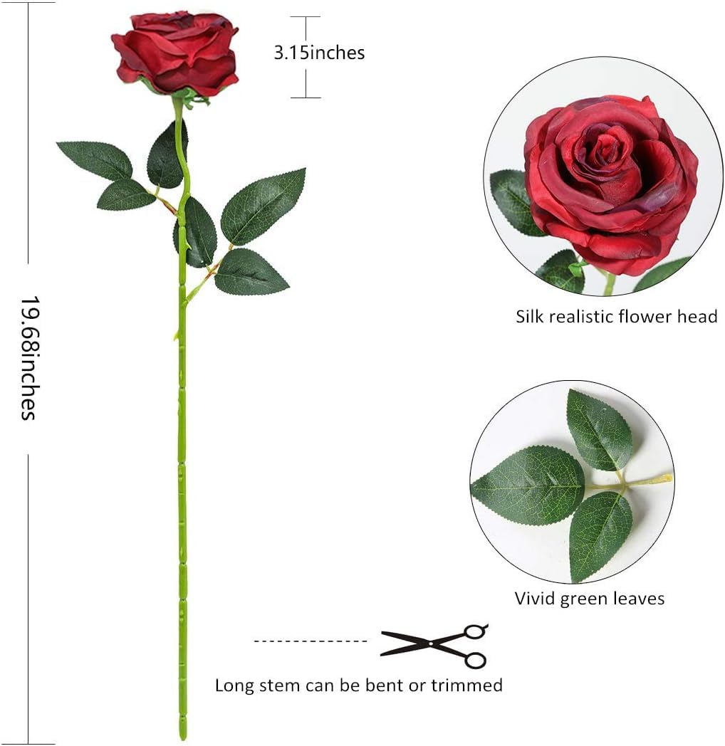 Burgundy Fake Roses Artificial Flowers - 16 Pcs Fake Artificial Roses Silk Flowers with Stems for Home Wedding Hotel Office Centerpiece Decor（Burgundy）