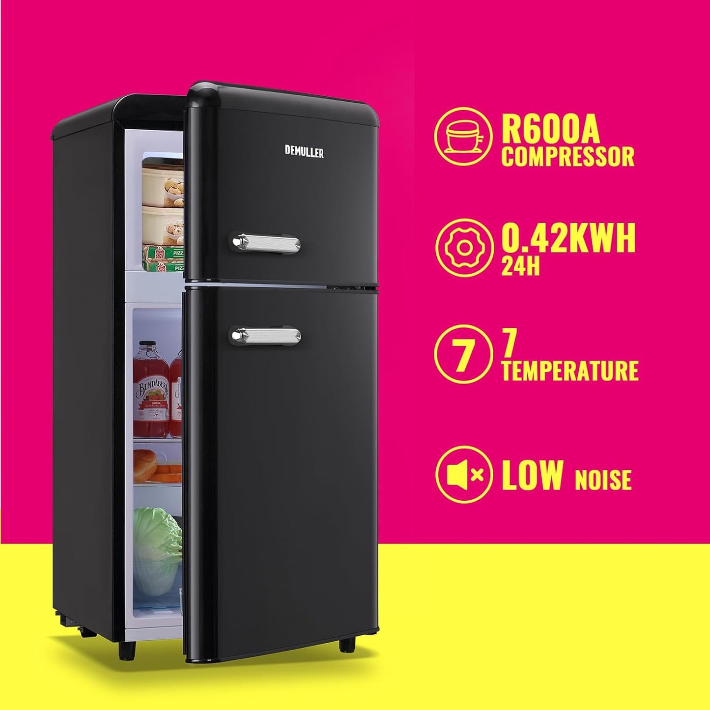 Mini Fridge Dual Door Refrigerator with Freezer, 3.5 Cu.Ft Compact Refrigerator with Handle, Adjustable Temperature & Removable Glass Shelves, for Apartment/Dorm/Office/RV, Black