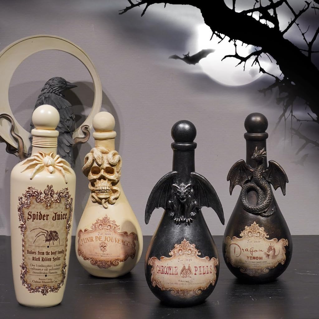 Braxio Witch Potion Bottles for Halloween Décor - White Spider Resin Magic Potion Bottles with Black Web Design, White Spider Decoration, for Shelf Table Party(3x3x10 Inches)