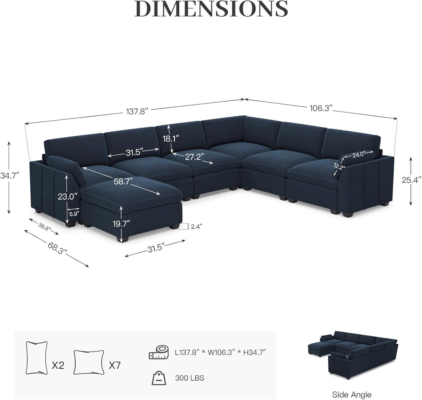 Belffin Oversized Sectional Couch,137.8" 7-Seater U Shaped Modular Sectional Sofa with Ottoman,Convertible Velvet Couches for Living Room,Blue Couch