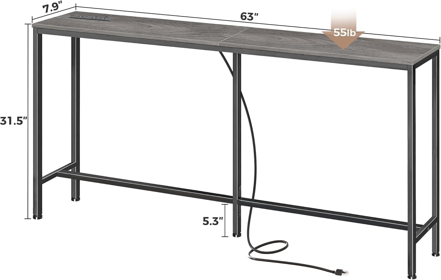 SUPERJARE Console Table with Outlet, 63 Inch Sofa Table with Charging Station, Narrow Hallway Entryway Table, Behind Couch Table Skinny for Entryway, Living Room, Plants, Charcoal Gray