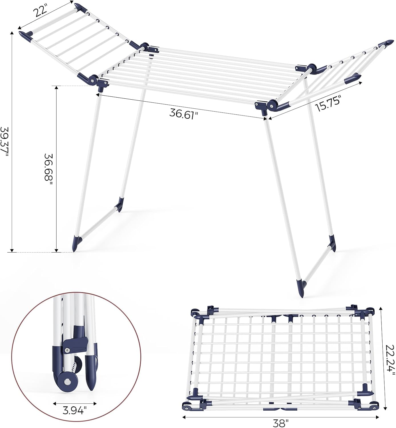 APEXCHASER Clothes Drying Rack Foldable, Large Drying Rack Clothing, Winged Laundry Rack Folding Indoor Outdoor, Metal Clothes Airer for Bedding Towel Sweater Heavy Duty, 68.9" X 22" X 39.3", White