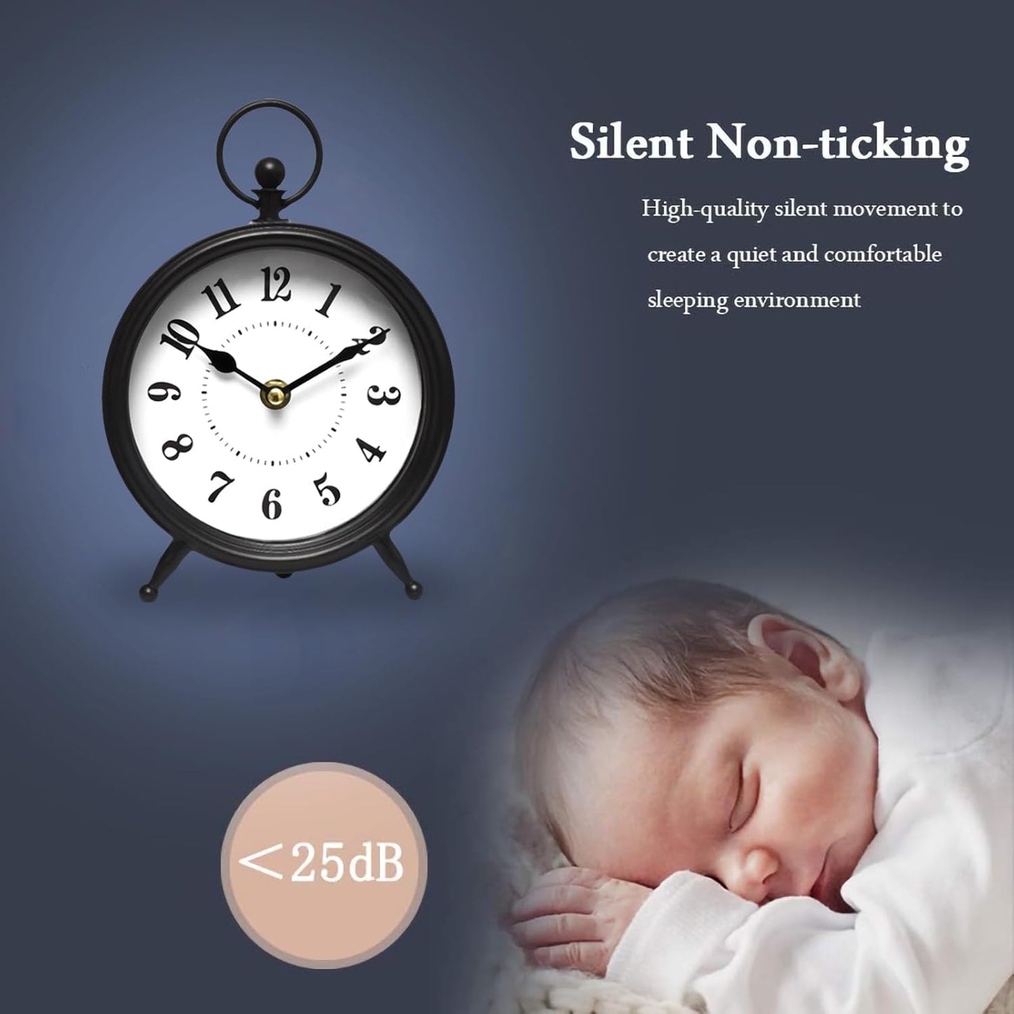 Vintage Black Table Clock on Stand, Decorative Desk and Shelf Clock，Decorative Battery Operated Table Top Clock for Living Room，Silent Non-Ticking(Small)