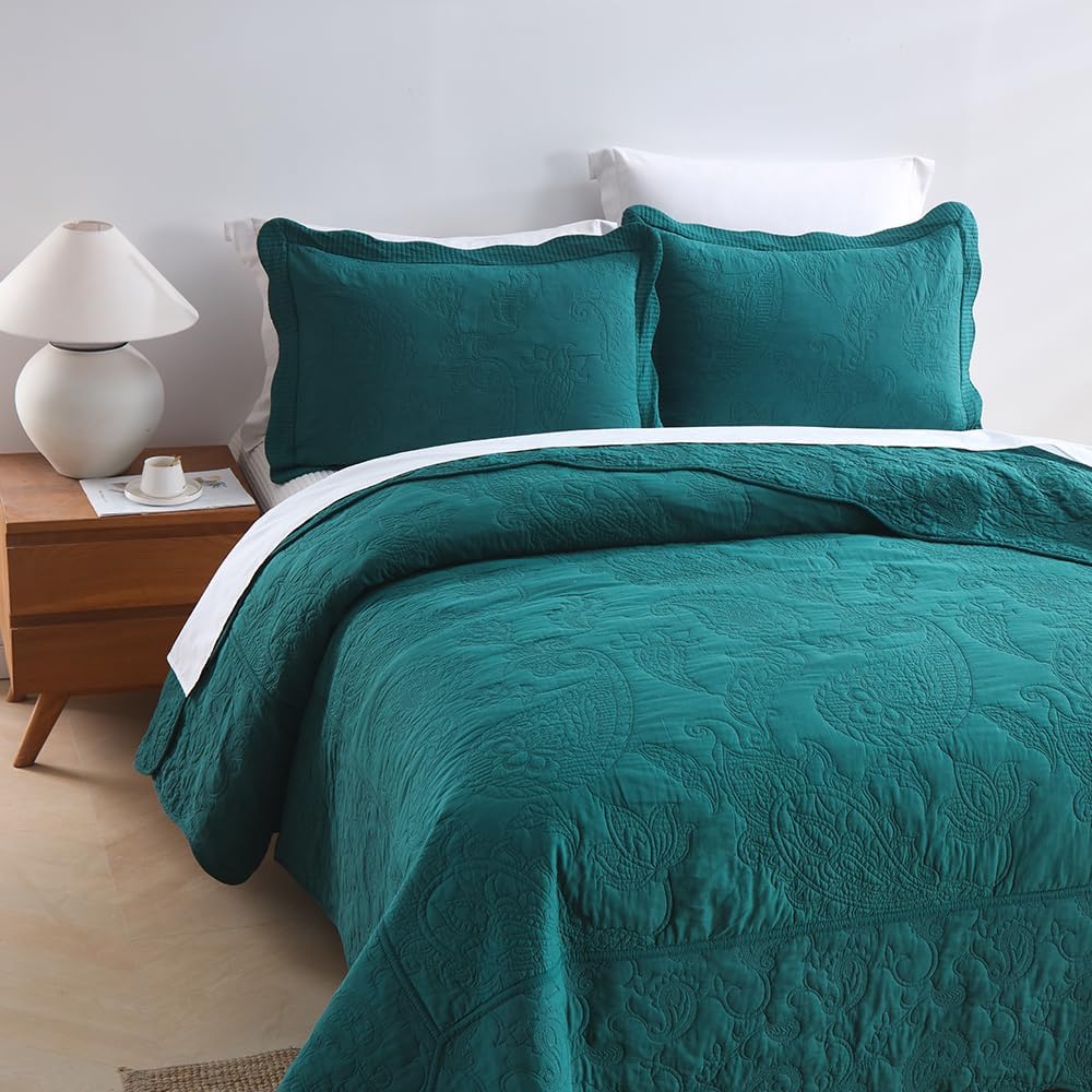Cotton Bedspread Quilt Sets, Real Patchwork Bedding Sets with Luxury Floral Paisley Pattern, 3 Pieces Reversible Soft Lightweight Coverlet for All Season, Turquoise, King Size