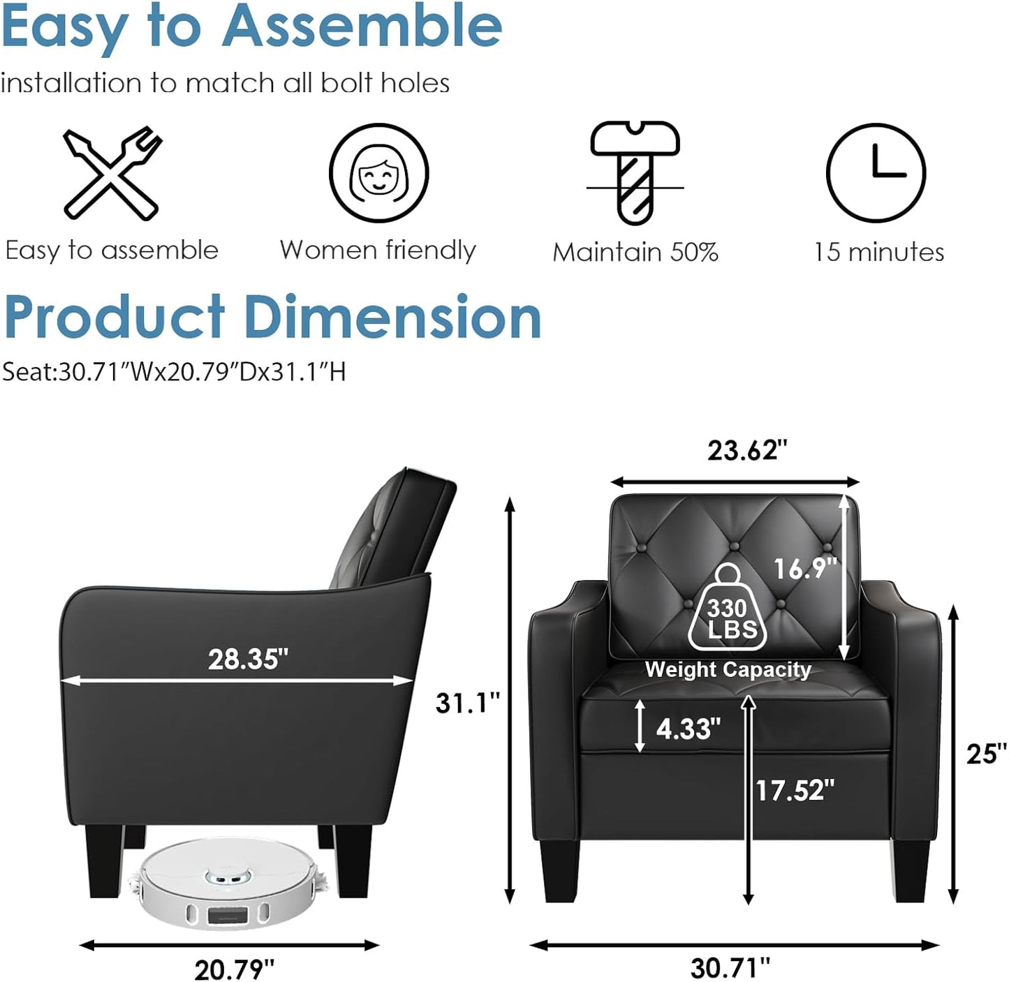 STHOUYN Living Room Chairs Black Leather Accent Chairs Set of 2, Waiting Room Arm Chairs, Reading Chairs for Bedroom Comfy Club Chair Tufted, Office Small Space (2, Black)