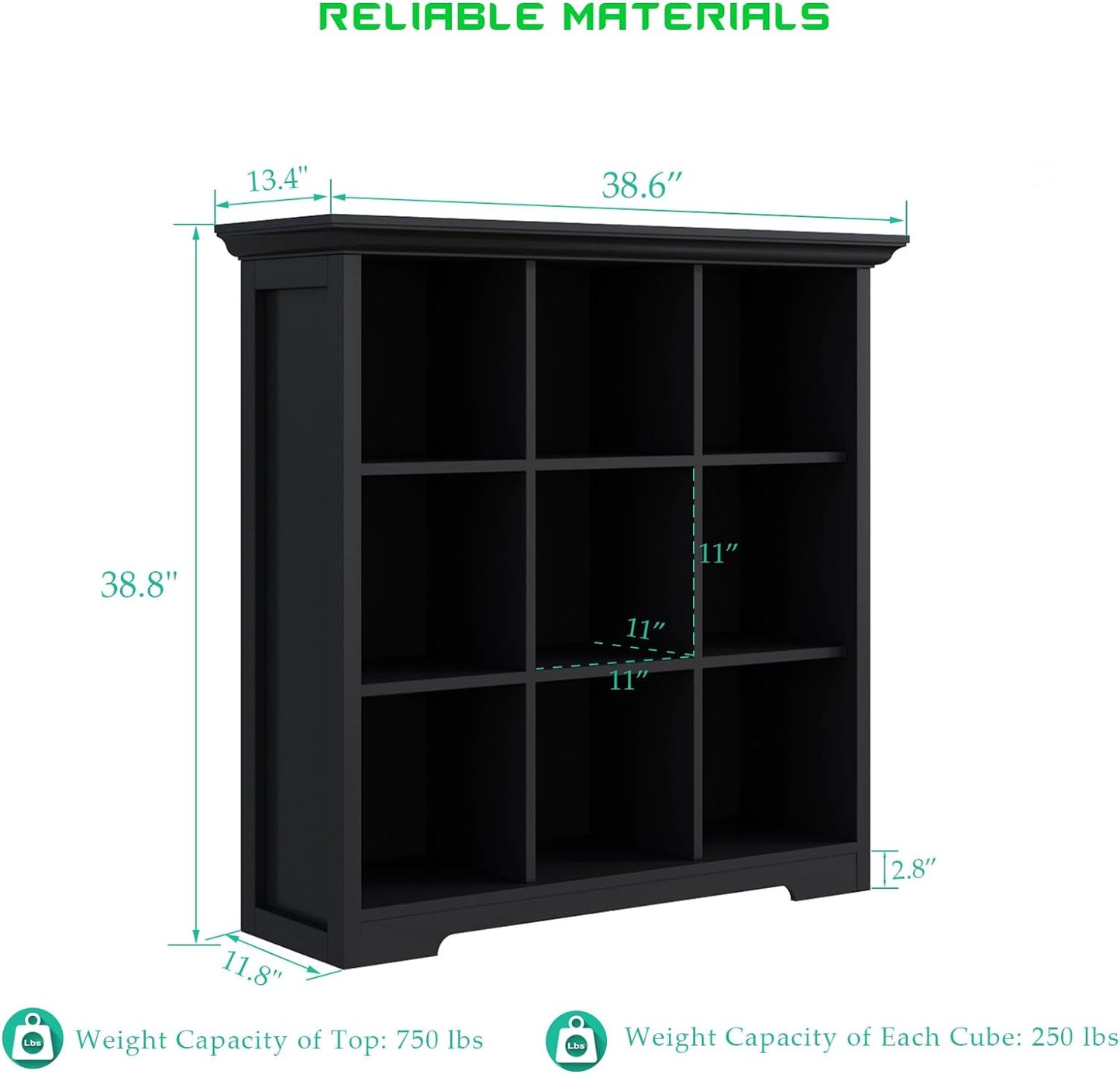 Cube Storage Bookcase with Base - Wooden 3 Tiers Floor Standing Open Shelf Cabinet for Home and Office, 9-Cube Lattice Bookshelf, Black