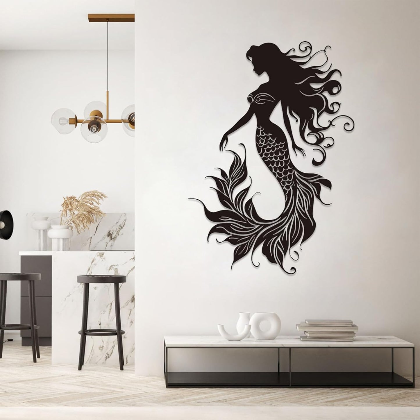 Veplsur Mermaid Metal Wall Art, Metal Mermaid Wall Decor, Marine Biology Wall Decor, Ocean Wall Art, Nautical Wall Hanging, Beach Hanging for Bathroom Bedroom (Black, 24"x17"|60x43cm)