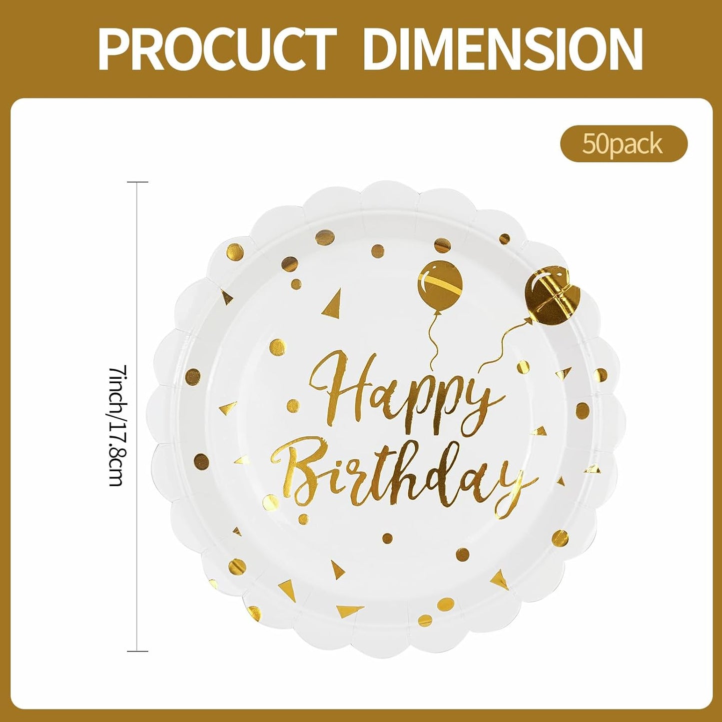 50PCS Happy Birthday Paper Plates - 7 Inch Birthday Cake Plates Scalloped White and Gold Dessert Plate Disposable Decorative Party Tableware Decorations for Birthday's Party Supplies