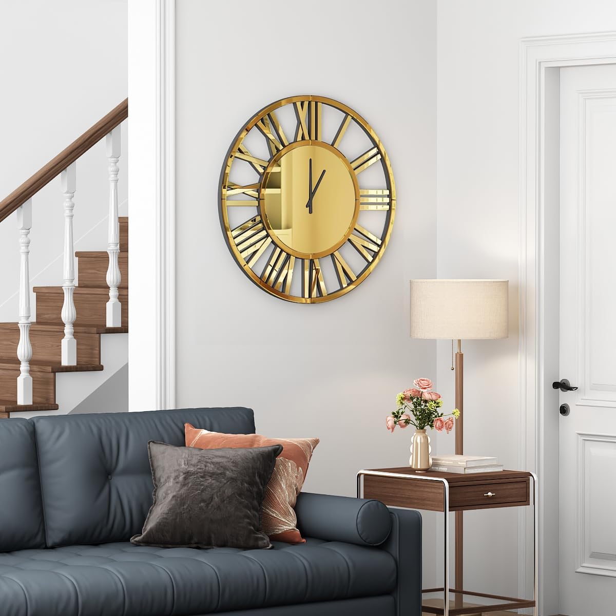 SHYFOY Mirrored Wall Clock, 32" Decorative Roman Numeral Clock, Large Silver Wall Clock for Living Room, Battery Powered, Simple Installation