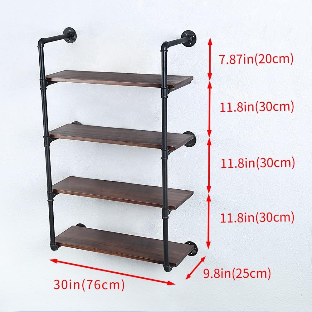 Industrial Pipe Shelving Wall Mounted,30in Rustic Metal Floating Shelves,Steampunk Real Wood Book Shelves,Wall Shelf Unit Bookshelf Hanging Wall Shelves,Farmhouse Kitchen Bar Shelving(4 Tier)