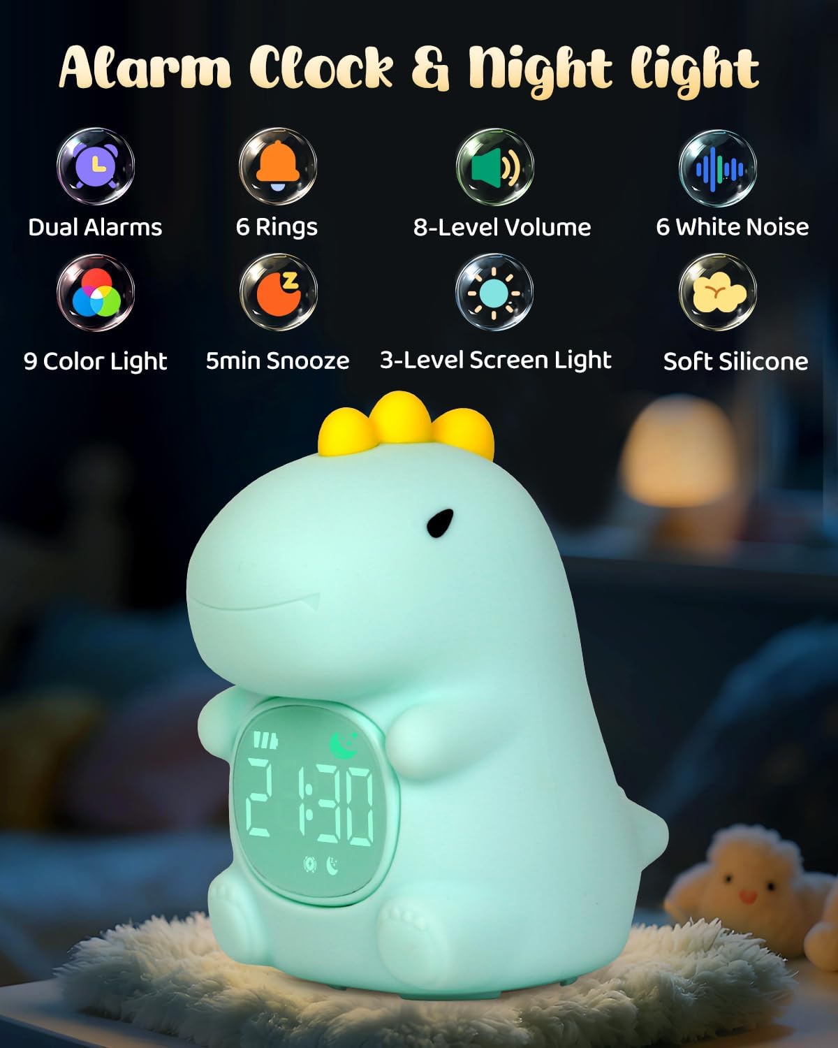 Dinosaus Alarm Clock for Kids with Night Light, Sleep Training Clock Time to Wake Clock, Rechargeable Silicone Light for Bedroom, Perfect Sleep Companion for Boys Girls