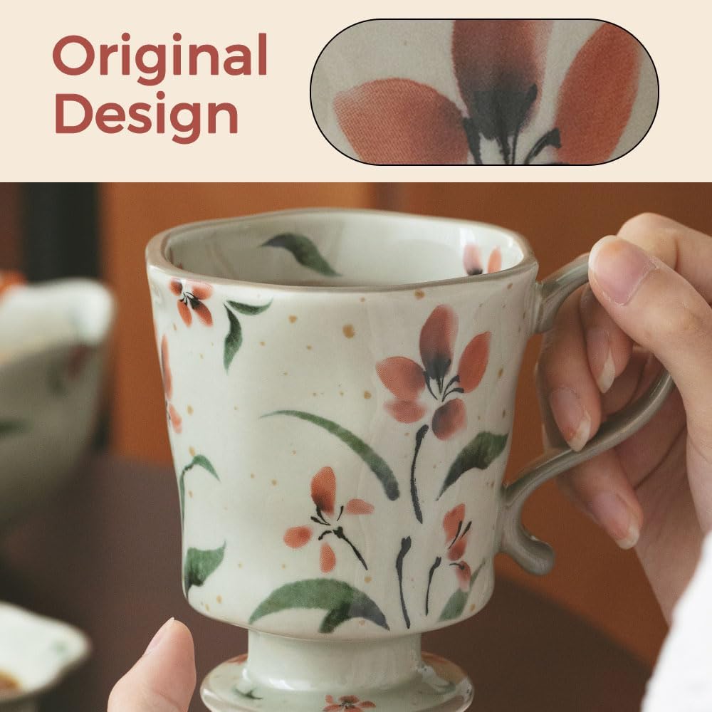 360ml -12.17oz Painted red Azalea Floral Ceramic Mug - Cute Coffee Cup for Latte,Espresso - Gift for Women, Dishwasher Safe