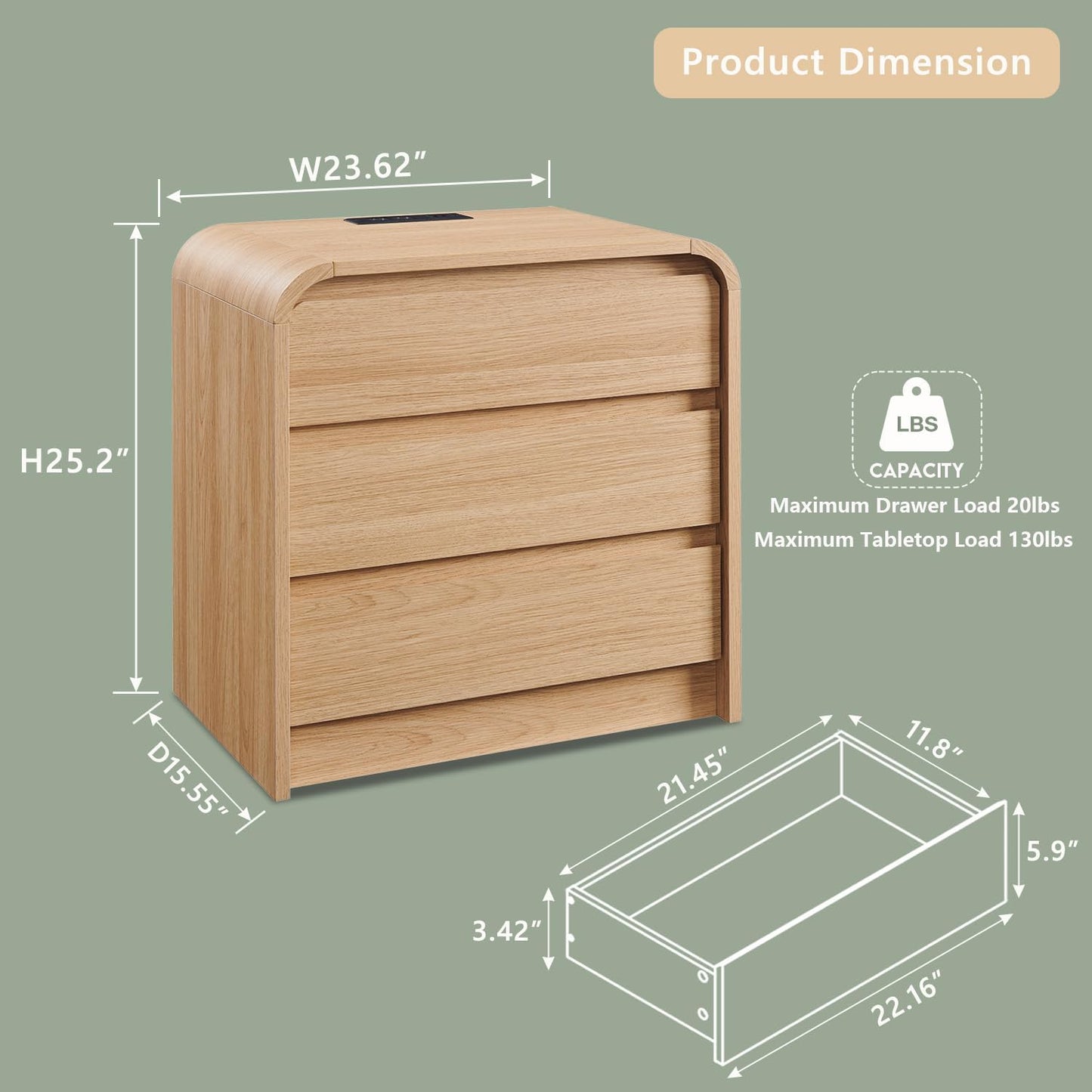 25" Tall Modern Nightstand Set of 2, 23.6" Wide Wood Bedside Table with Charging Station, 3 Storage Drawers Side Table w/Curved Profile Design,End Table for Bedroom, Natural Oak