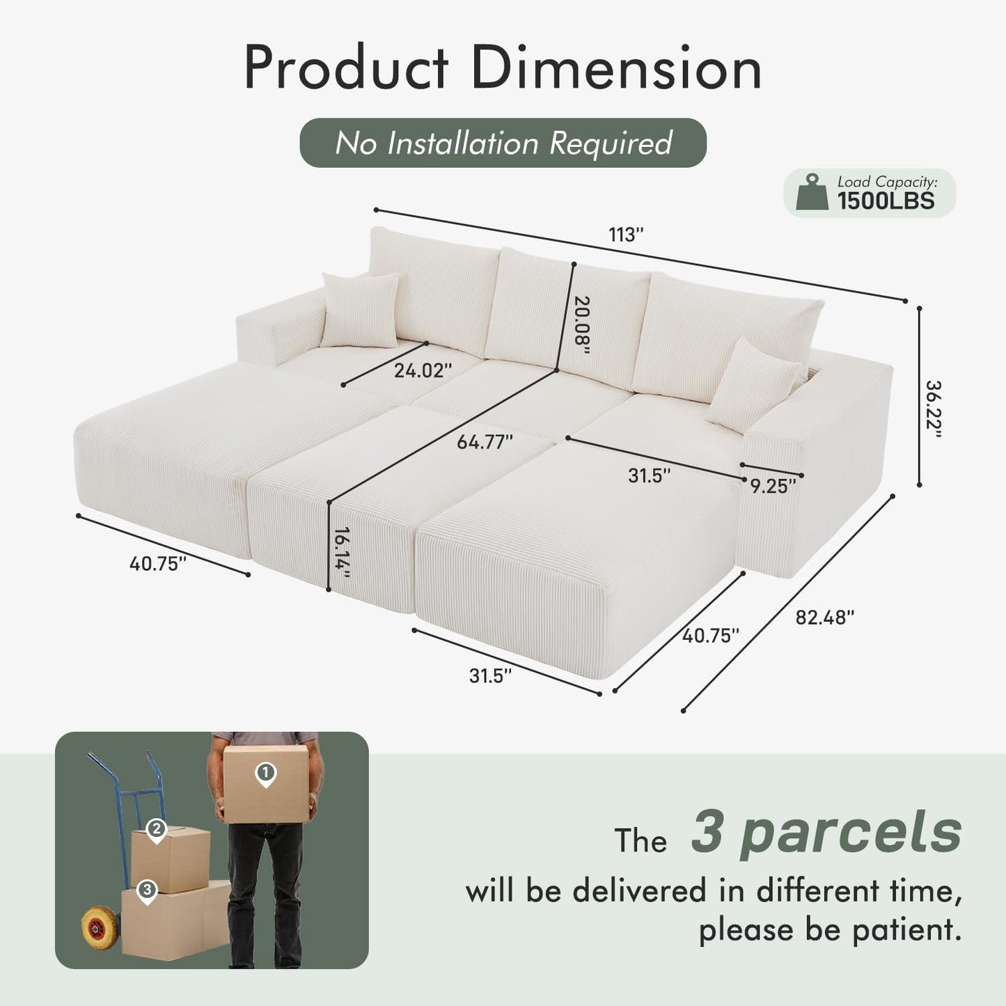 Boneless Sectional Cloud Couch Sofa Bed for Living Room, 112" Modular Modern Lounge 3 Seater Sleeper Beige Couches with Chaise, No Assemble, Cordury Compression Upholstered Sofas