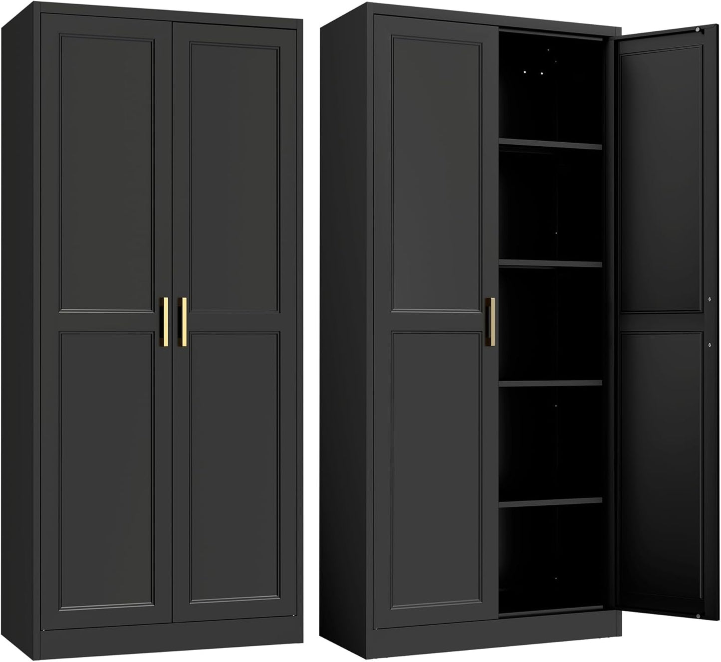 Kitchen Pantry Cabinet,71”Black Metal Pantry Storage Cabinet with Doors and 4 Adjustable Shelves,Kitchen Cabinet with 2 Gold Handles,Tall Cabinet for Livingroom,Pantry, Bathroom