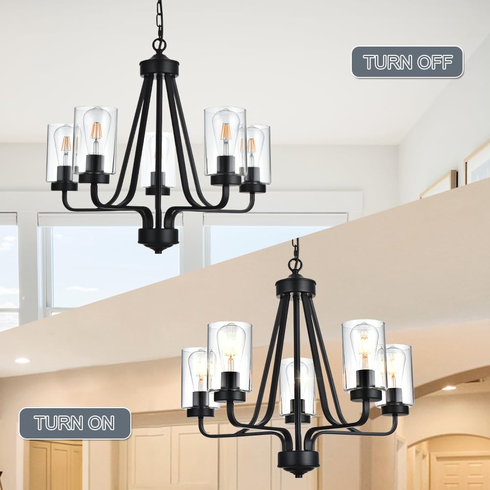 5-Lights Modern Chandelier with Clear Glass Shades, Black Farmhouse Pendant Lighting for Dining Room Kitchen Island Ceiling Light Fixture Haning Over Table