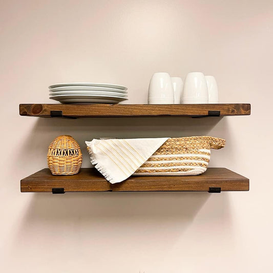 Rustic Shelves with J-Brackets Set of 2, Industrial Shelf, Kitchen Shelves, Solid Wood, Decorative Wall Storage, Heavy Duty, URBANDI (Provincial, 48Wx6D)
