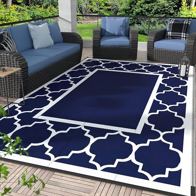 GENIMO Outdoor Rug Waterproof for Patio Decor, 5'x8' Reversible Plastic Straw Rug Carpet, Camping Mats for Outdoor, RV, Backyard, Deck, Balcony, Picnic, Blue & White